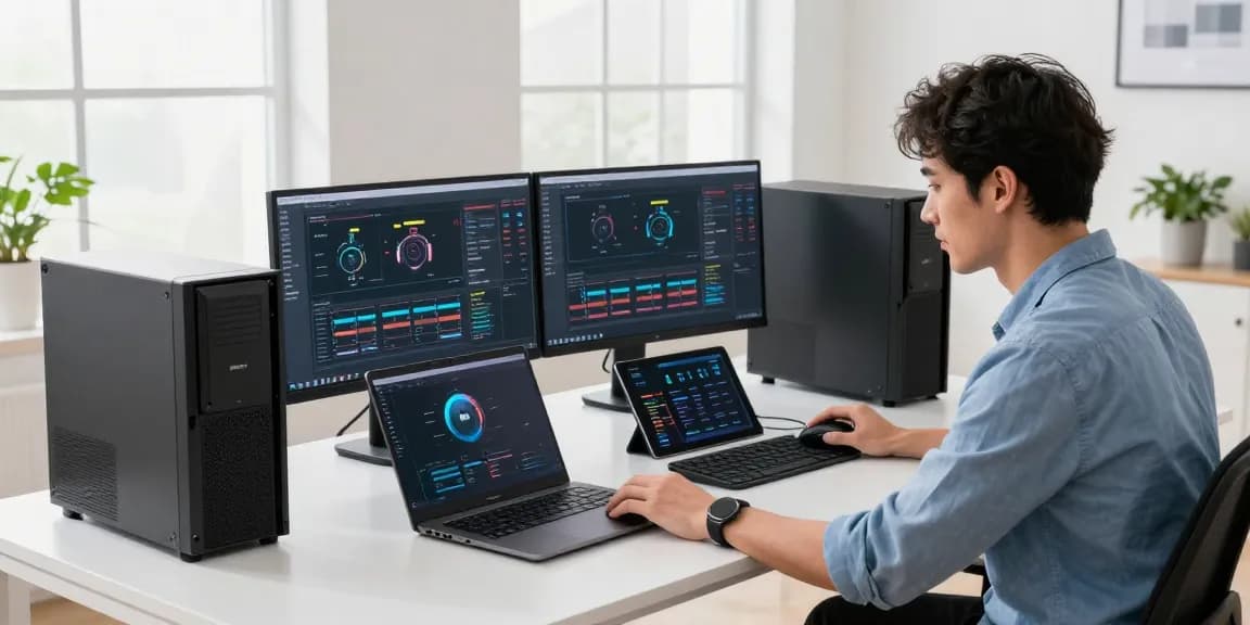 Reviewing refurbished PCs in a bright tech workspace with multiple monitors and stylish accessories.