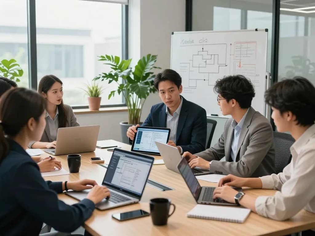 Professional team discussing automation strategies in a bright office.