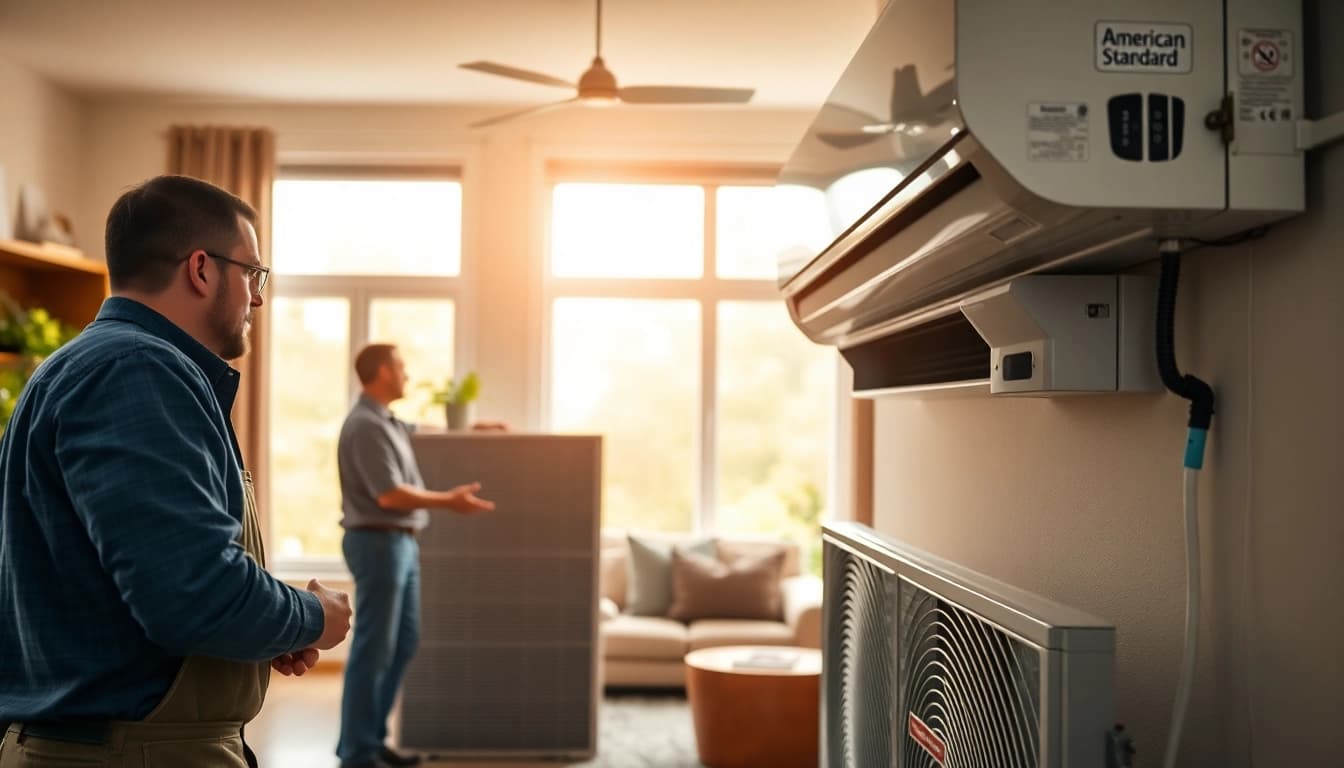Technician installing a professional american standard hvac system in a modern home.
