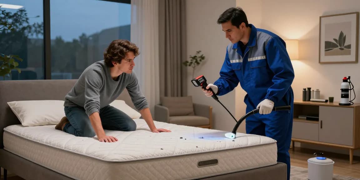 Effective bed bug control demonstrated by an exterminator in a home setting.