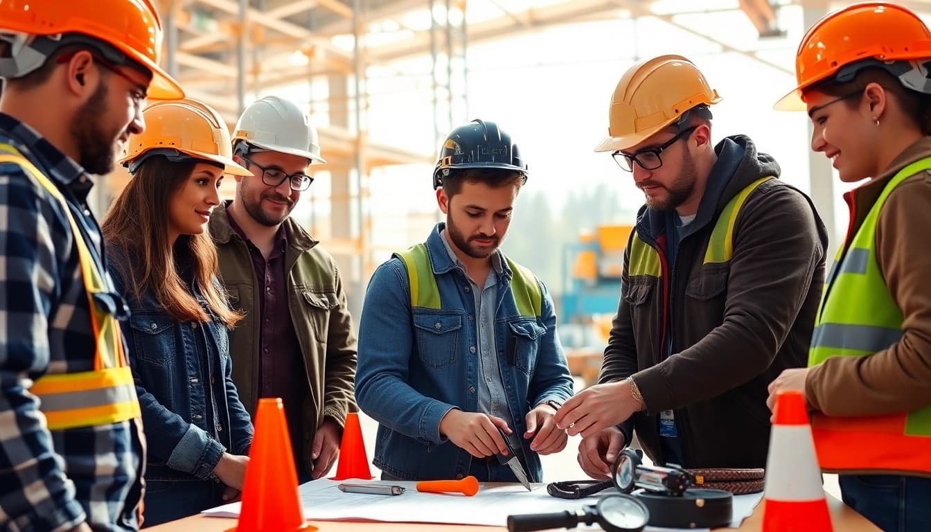 Students engaging in construction education hands-on training with tools and equipment.