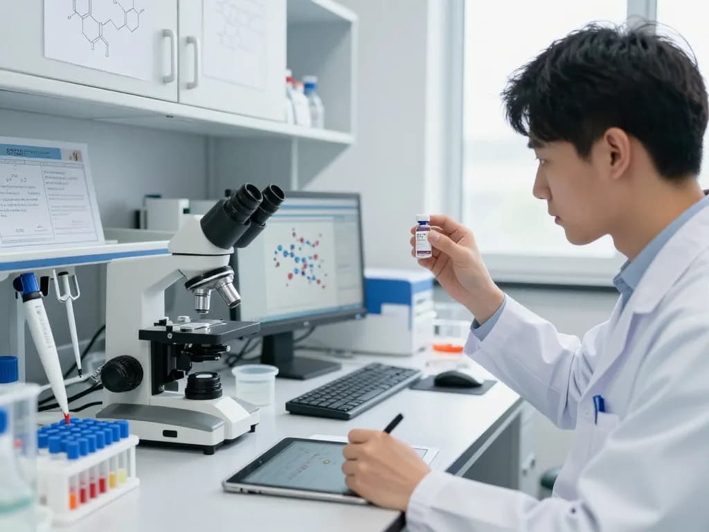 Researcher examining a vial of GLP-3 peptide in a modern lab, showcasing expertise in peptide studies and the process to buy glp3 peptide.