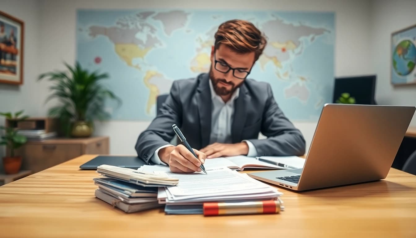 Person diligently completing the uk eta online application at a desk filled with documents.