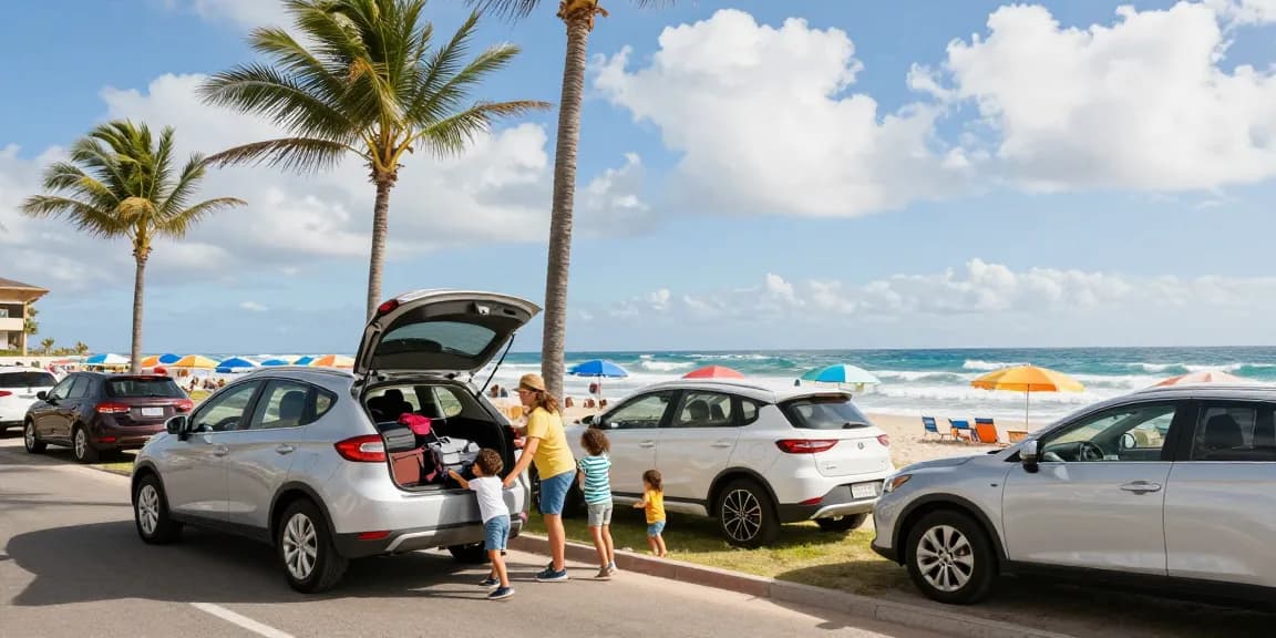 Agadir Car Rentals Official family enjoying their rental car at the beach, showcasing vehicles and travel joy.