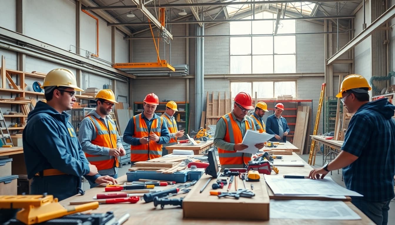 Engaged apprentices in a construction apprenticeship program collaborate with tools and materials.