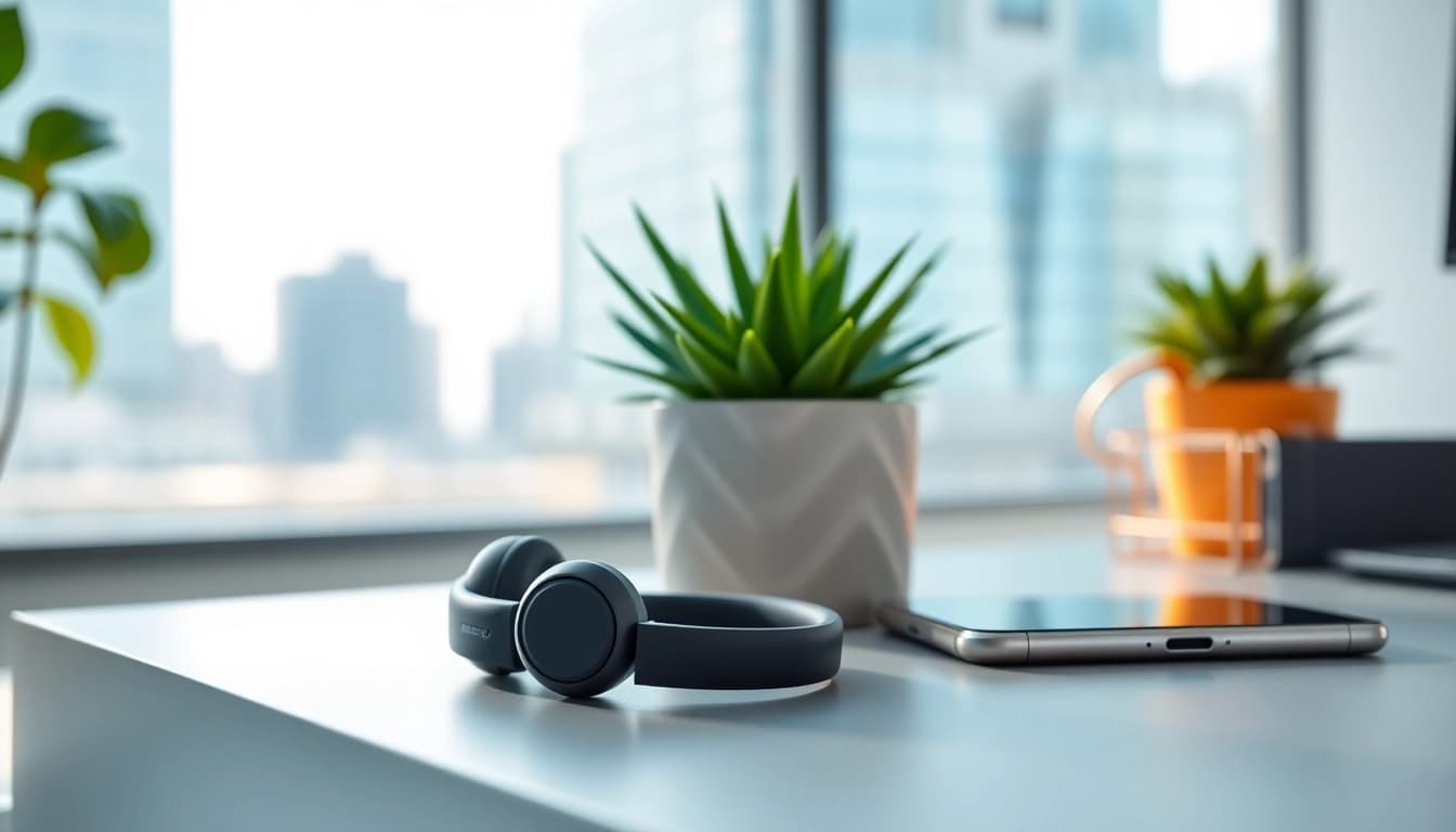 Experience the advanced features of F1 Bone Conduction Headphones displayed on a contemporary desk setup.