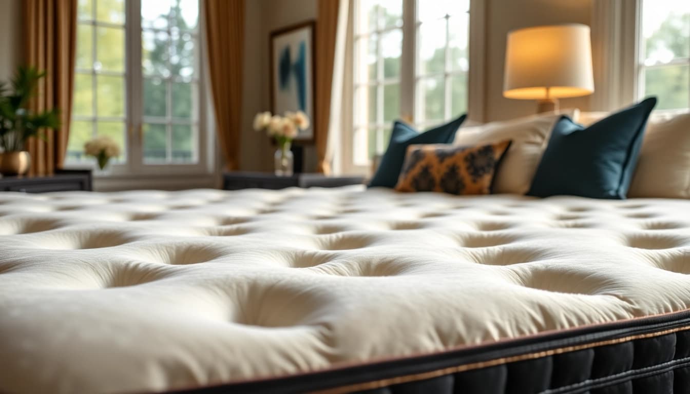 Experience unparalleled comfort on the stearns and foster estate mattress in a luxurious bedroom setting.
