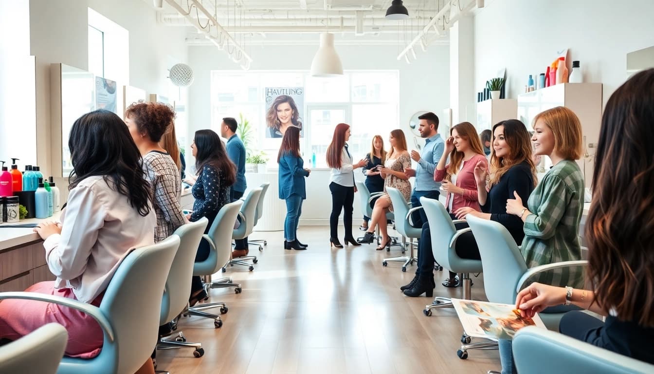 Best hair salons near me showcasing professional hairstylists and happy clients in a vibrant, modern salon environment.