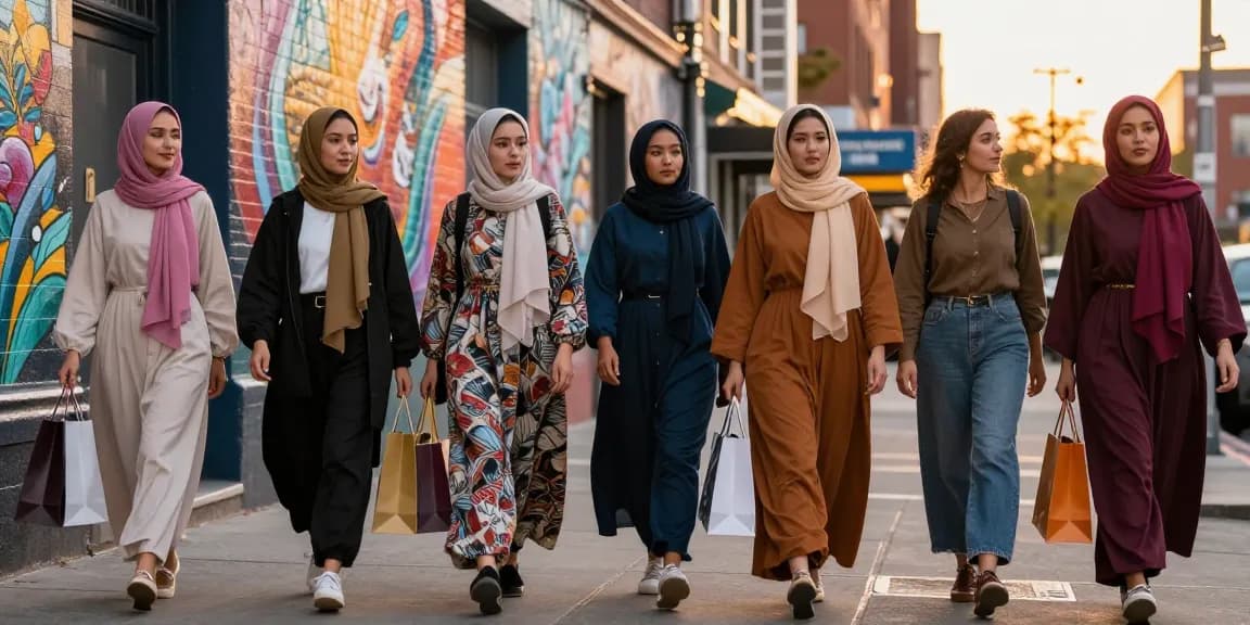 Women showcasing diverse styles in modest fashion while shopping in a vibrant urban setting.