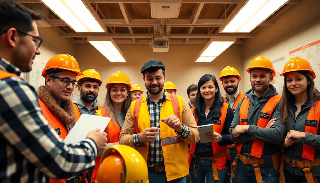 Engaged participants in construction safety classes focused on safety practices and equipment training.