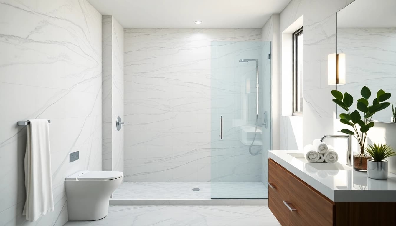 Experience elegant showers in a modern bathroom with stylish fixtures and a soothing ambiance.