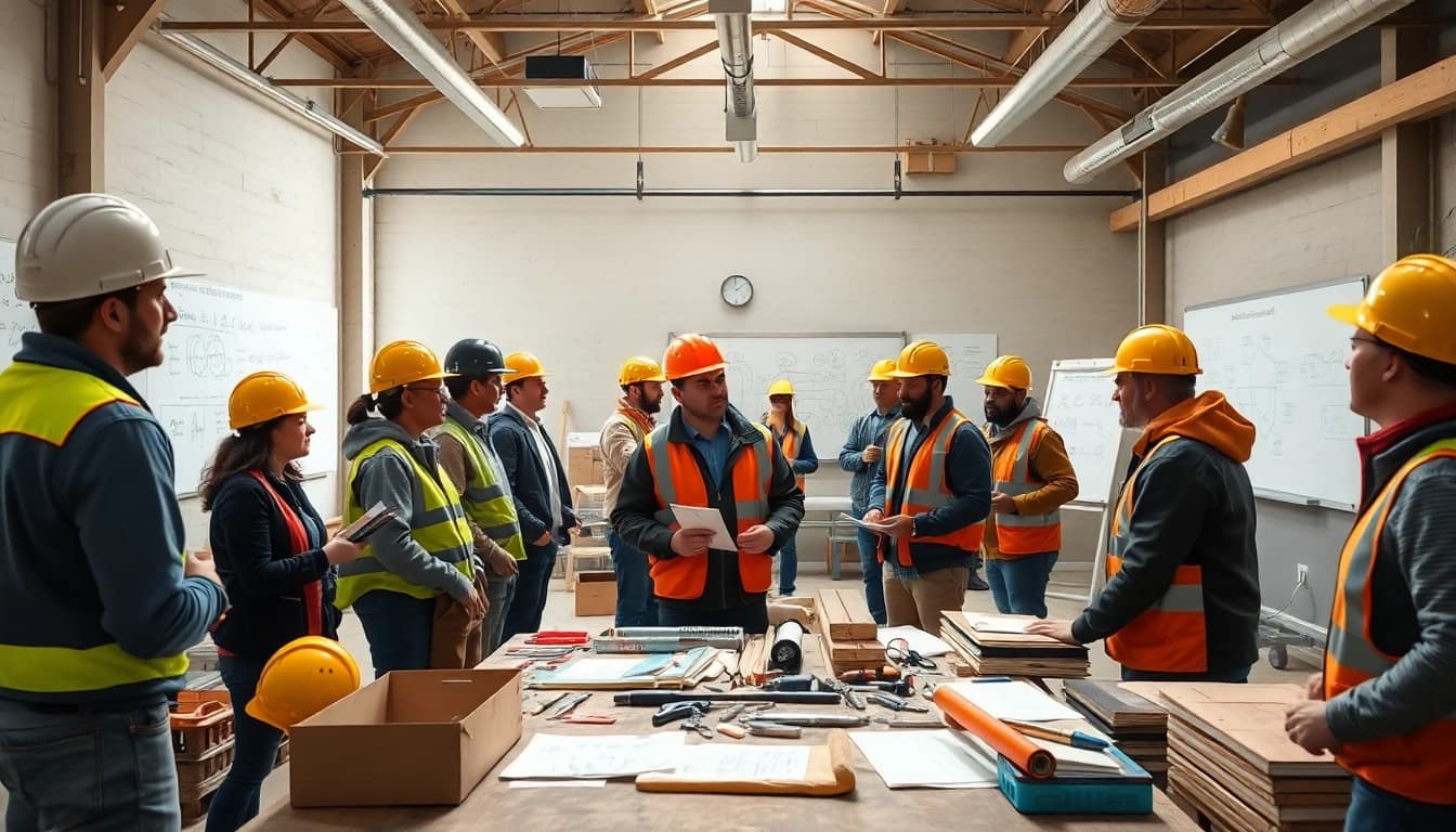 Individuals participating in construction training programs during an interactive workshop.