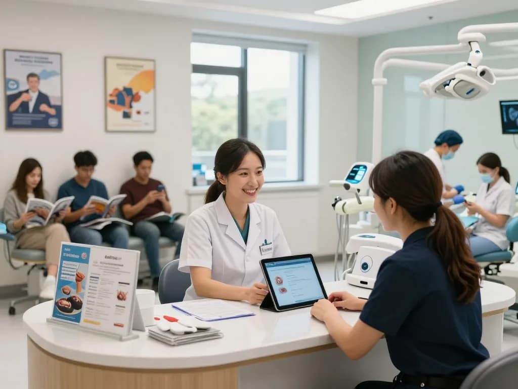 Engaging modern dental clinic featuring an ai receptionist for dentists assisting staff and patients in a welcoming environment.