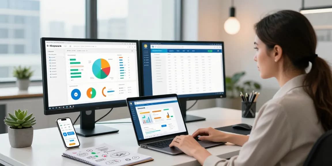 Consultant at SP Webconsulting analyzing e-commerce data in a modern office.