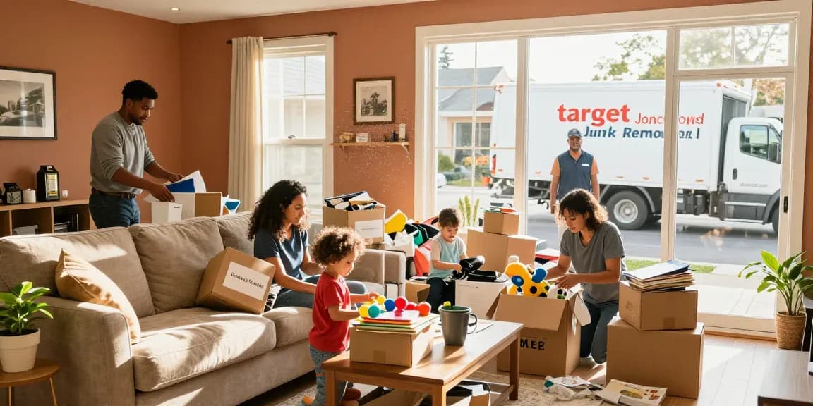 Family organizing clutter for target Junk Removal Vancouver, with a friendly junk removal professional ready outside.