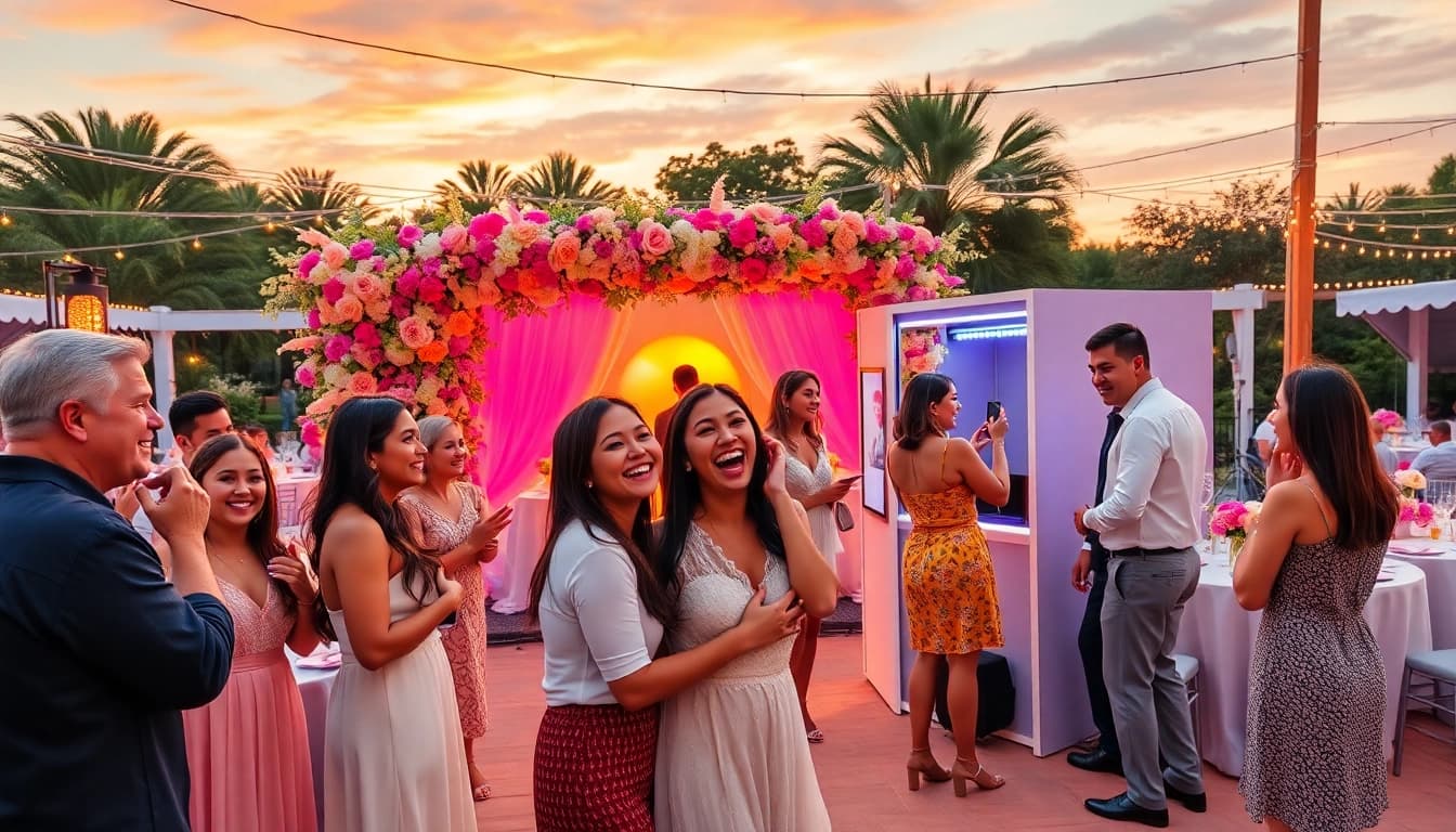 Engaging guests at a photo booth rental during a joyful wedding celebration.
