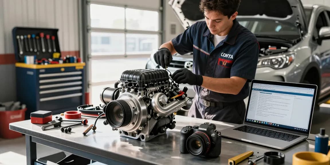 VT supercharger installation in an automotive workshop, showcasing precision engineering and skilled craftsmanship.
