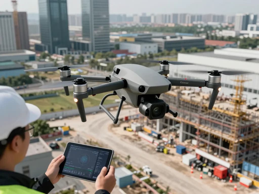 DJI Matrice 4D drone in action, showcasing advanced features and multi-lens functionality on a construction site.