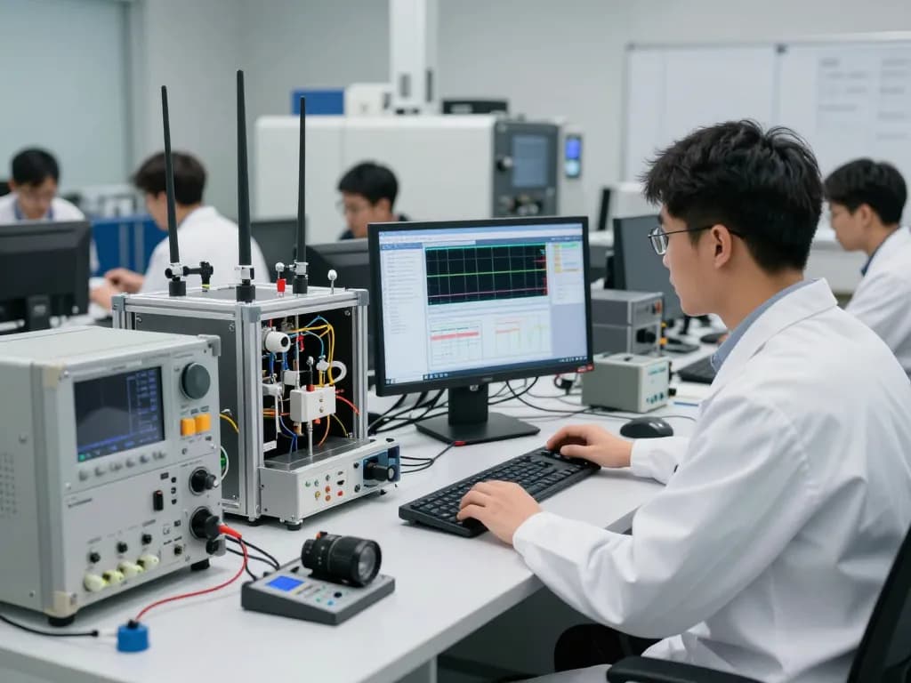Engineers conducting ETSI-compliant EMC testing in a high-tech lab, showcasing advanced testing equipment and teamwork.