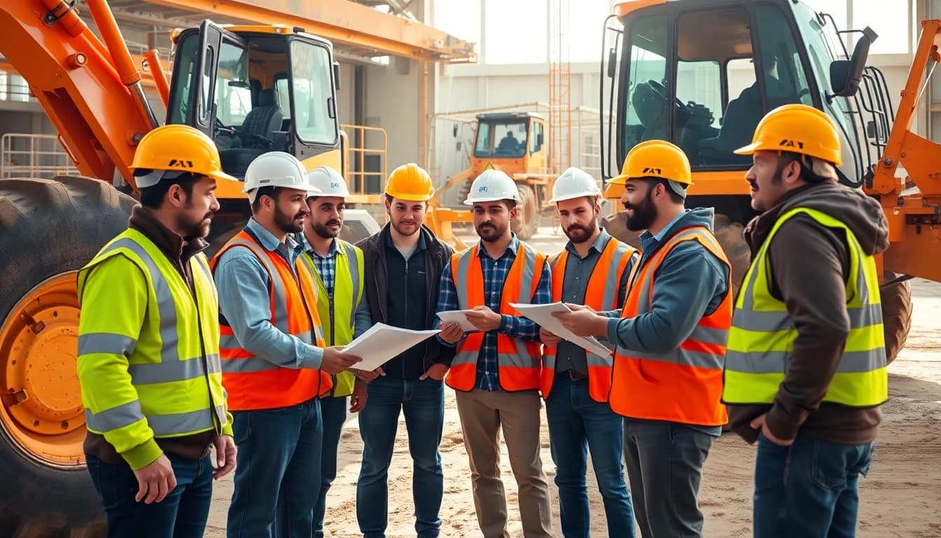 Construction association members collaborating on-site with machinery and tools.