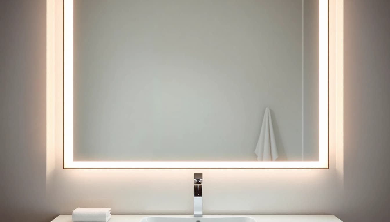 Admire the stunning elegant LED mirror illuminating a modern bathroom space.