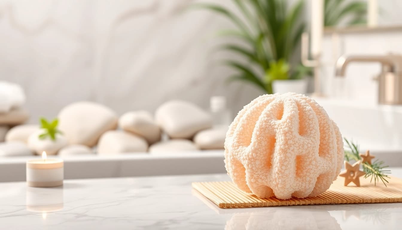 Gently used best silicone loofah on a serene bathroom setting, showcasing its smooth texture.