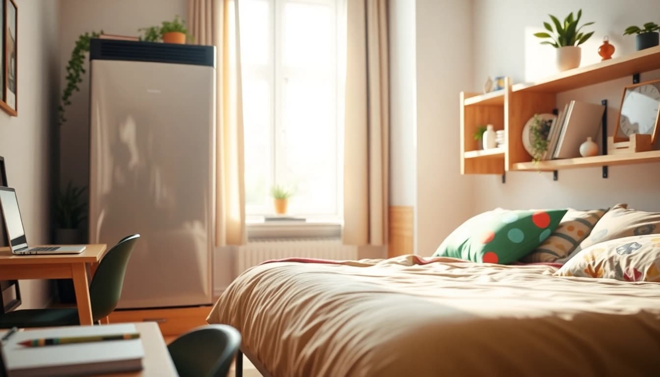 Compact dorm room fridge amidst a vibrant student space with lively decor.