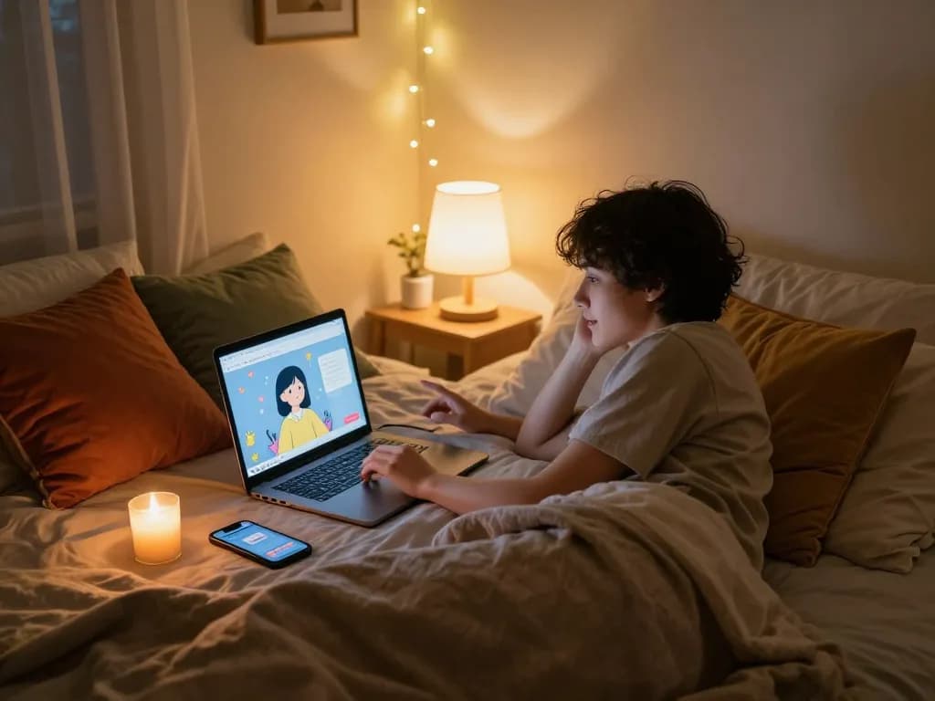 Interactive scene of free AI sex chat on a laptop in a cozy bedroom setting.
