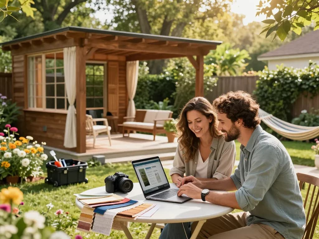Couple using an online pergola configurator to design their custom pergola in a vibrant garden setting.