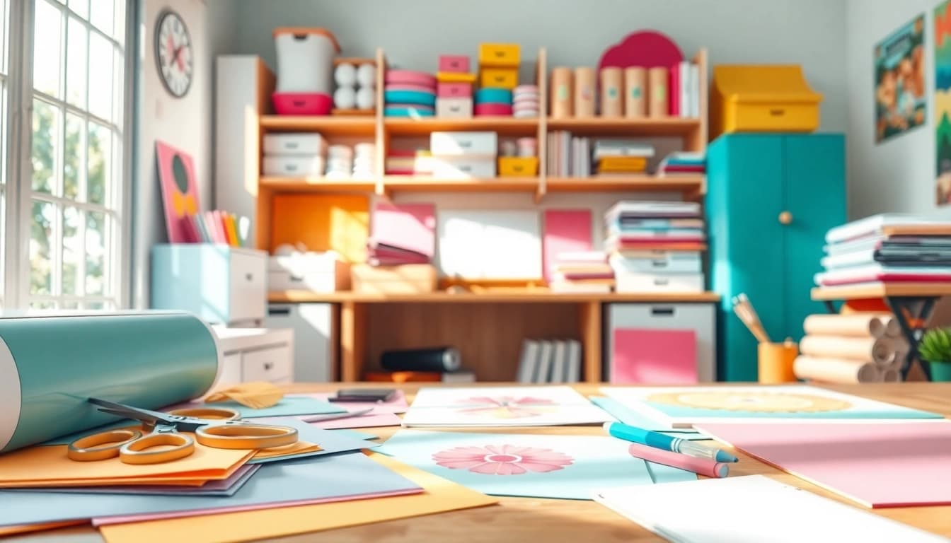 SVG cut files free download showcased in a lively creative workspace with colorful crafts.