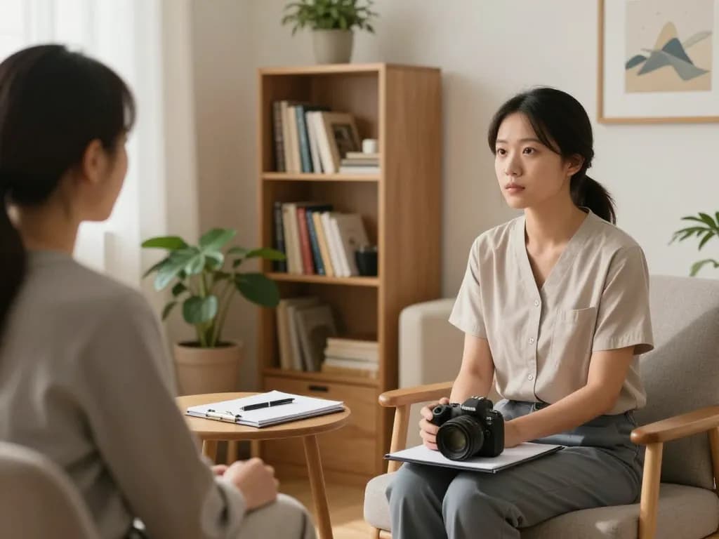 A mental health session illustrating 焦慮症症狀, featuring a professional engaging compassionately with a patient in a serene therapy room.