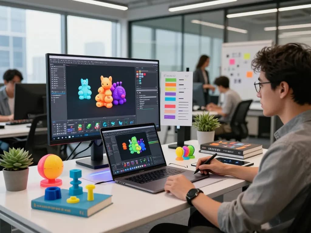 Designer using Text to 3D software in a vibrant modern workspace