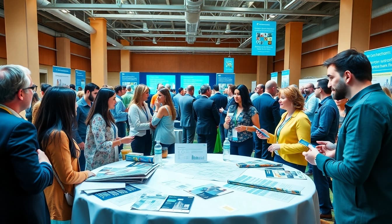 Attendees participating in construction networking events, exchanging ideas and contacts in a vibrant setting.