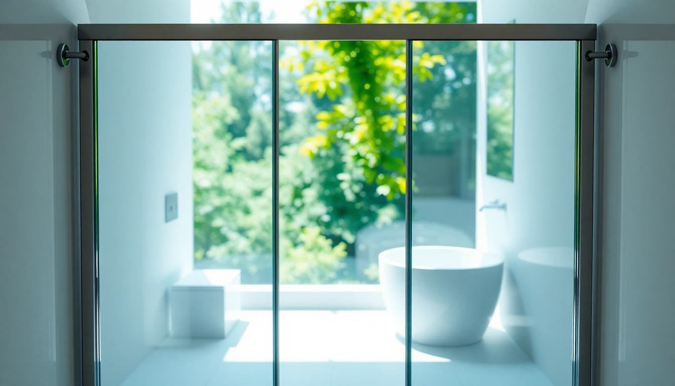 Modern sliding shower doors beautifully enhance a luxurious bathroom space.