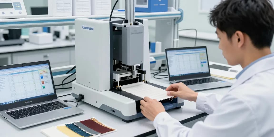 Technician conducting a tear resistance test with the ElmenGuide Elmendorf Tear Tester in a modern lab, showcasing precision in material testing.