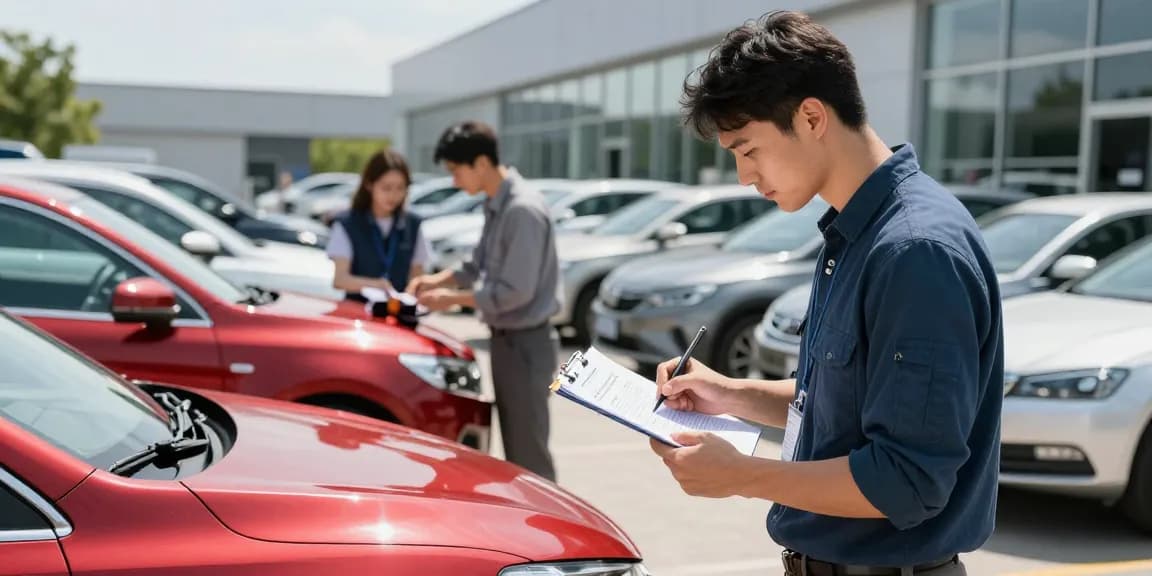 Buyer conducting a vin check on a used car at the dealership.