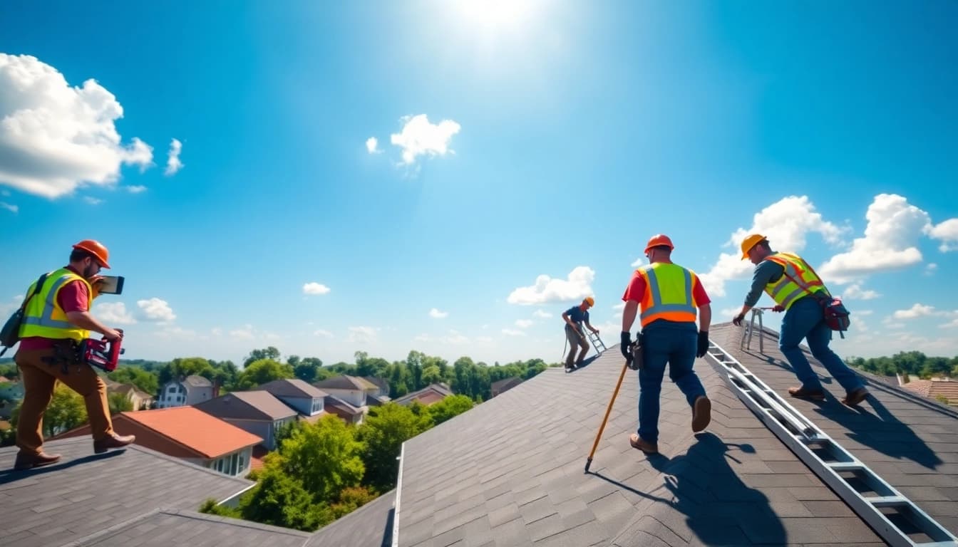 Roofing crew at work in South Jersey with tools, demonstrating quality craftsmanship.