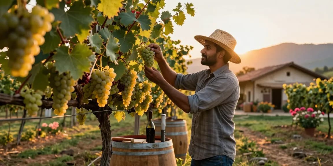Indian American wine maker examining grape clusters in a scenic vineyard.