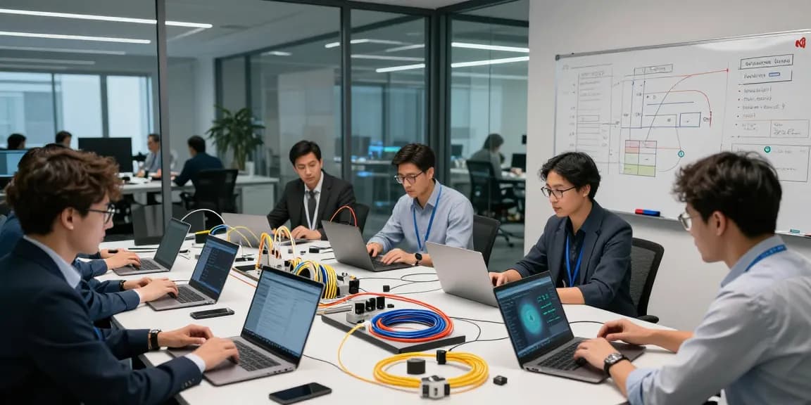 Fiber optic distributor team collaborating on advanced connectivity solutions in a modern office.