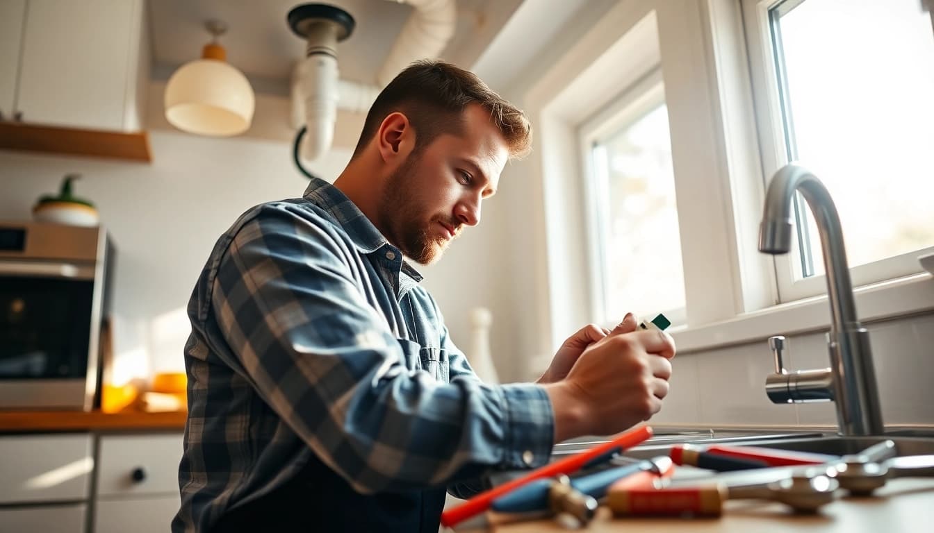 Plumber fixing a North Shore plumbing issue in a modern kitchen setting.