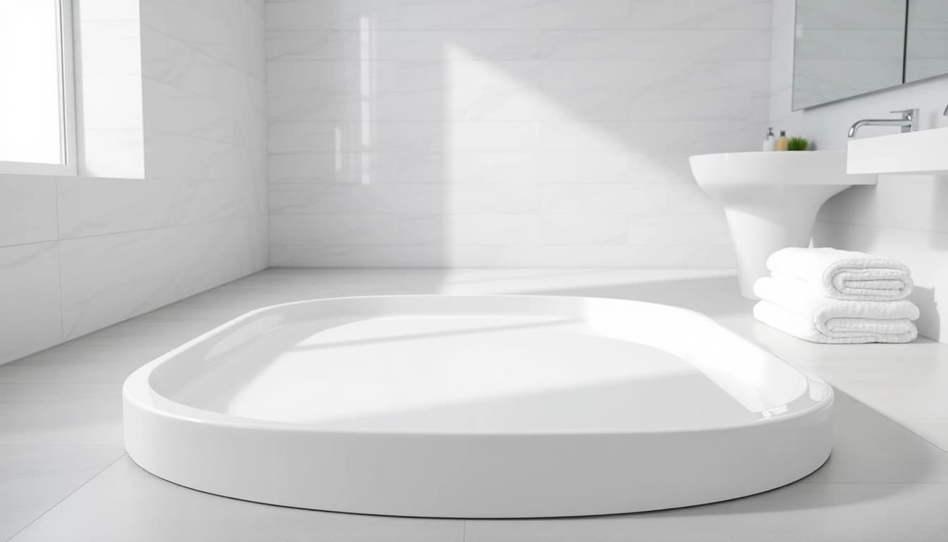 View of a stylish shower base shower in a contemporary bathroom with elegant fixtures.