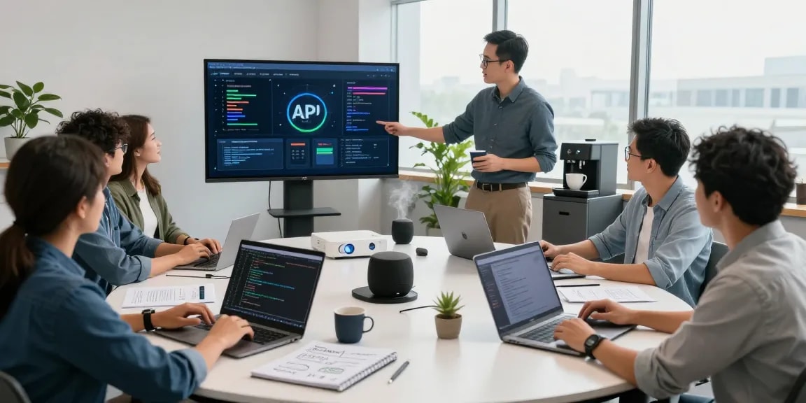 Waygrid team collaborating in a modern tech workspace, focusing on API management.