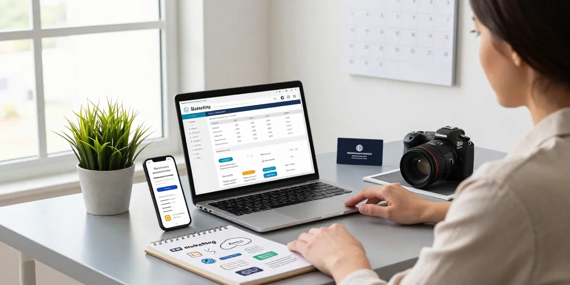 Business owner analyzing pay monthly websites in modern office with analytics dashboard.