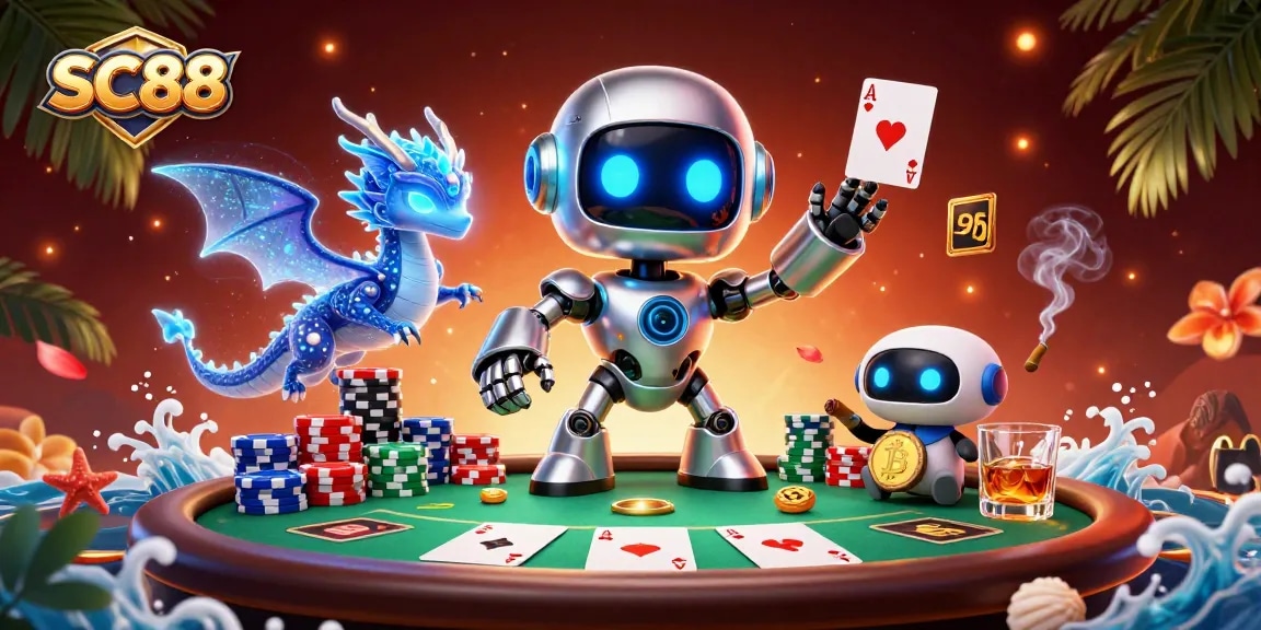 Engage with SC88's thrilling poker scene featuring a vibrant 3D robot and AI characters.