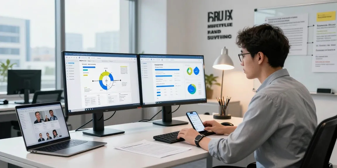 Analyst engaged in document fraud detection analysis on dual monitors in a modern office.