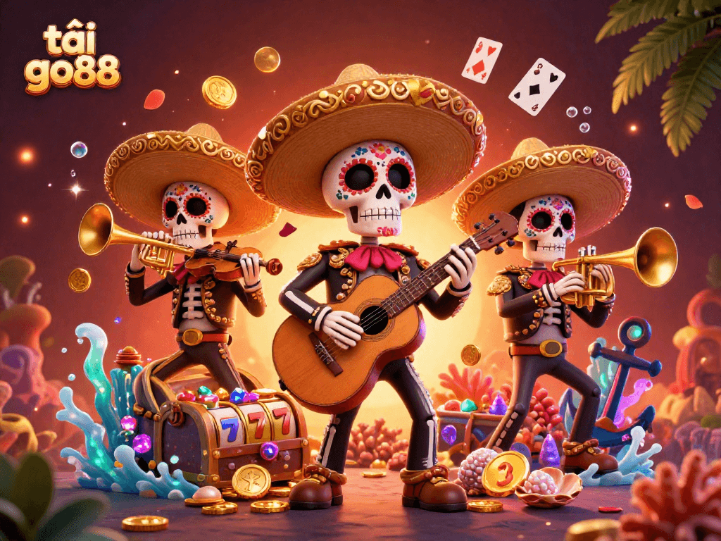 Engage with the vibrant scene featuring a mariachi band, treasure chest, and slot reels as tải go88 comes to life.