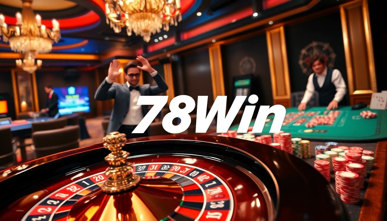 Players enjoying excitement at 78Win casino tables with vibrant chips and cards.