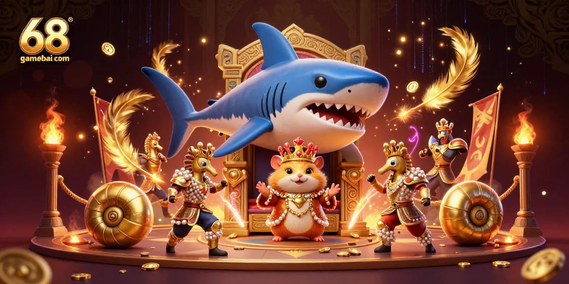 Experience thrilling games at 68gamebai com, where a hamster king leads in a vibrant casino scene.