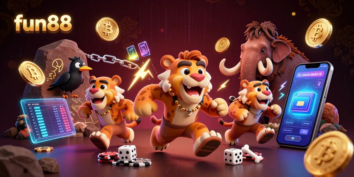 Play fun88 games in a vibrant casino scene with cartoon cavemen and neon crypto elements.