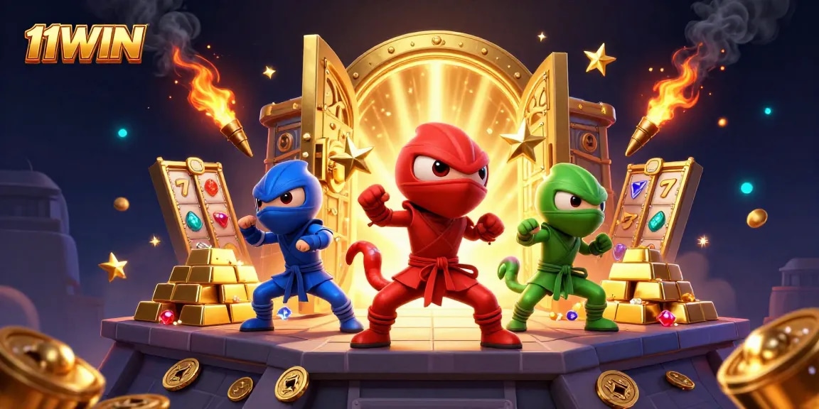 Experience the excitement of 11WIN with chameleons in action amid slot elements and treasure.